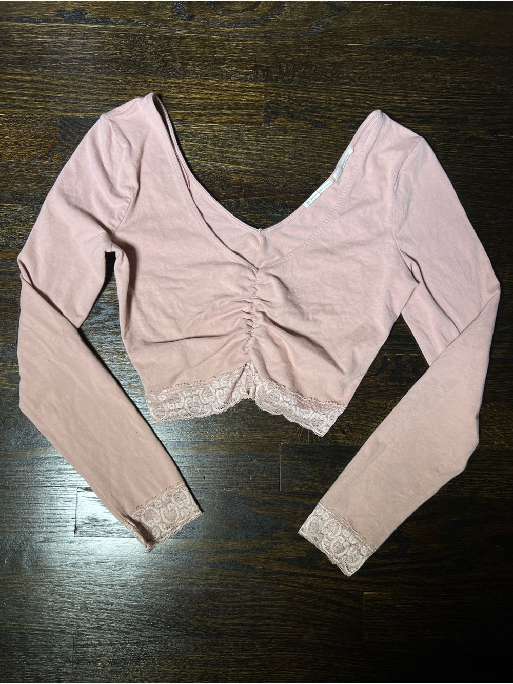 Urban Outfitters Light Pink / Mauve Ruched Long Sleeve Top Cropped Lace Medium